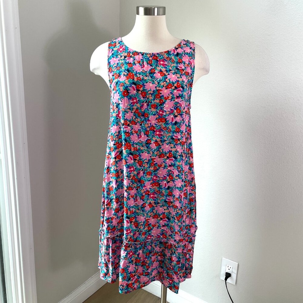 LOFT Womens Medium Daisy‎ Tie Back Flounce Dress Sleeveless Round Neck Floral